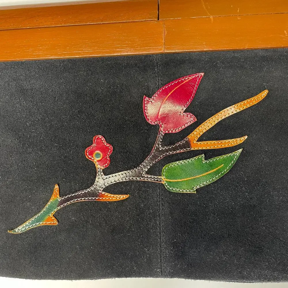 Vintage Black Suede Floral Leather Wood Handle Large Clutch Purse XC